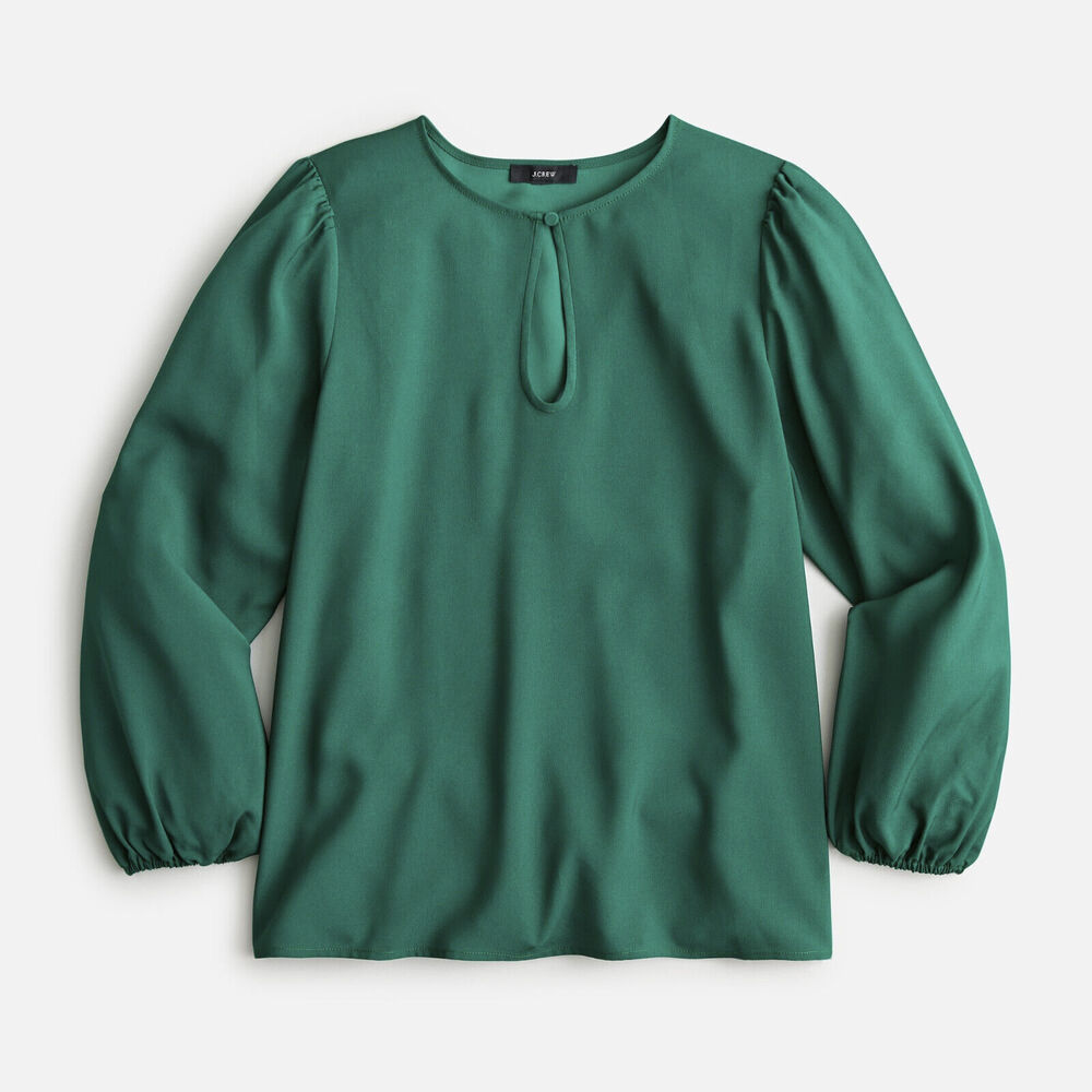 J. Crew Puff Sleeve Satin Back Crepe Top Emerald Green Blouse M NEW Office Chic - Picture 11 of 13